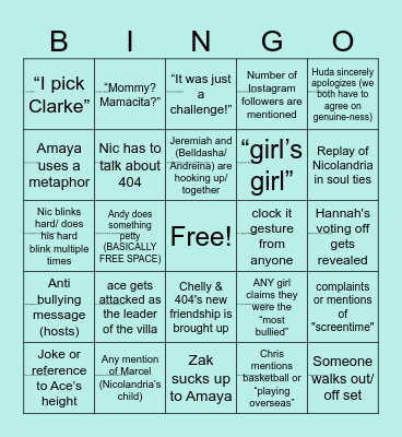 LOVE ISLAND SEASON7 REUNION Bingo Card