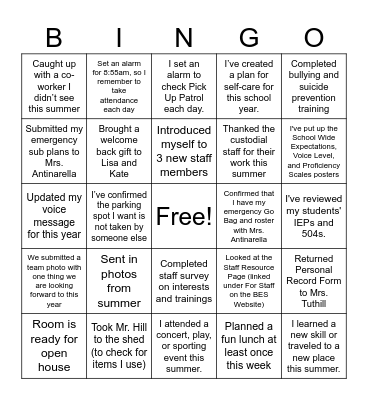 BES Back to School Bingo Card