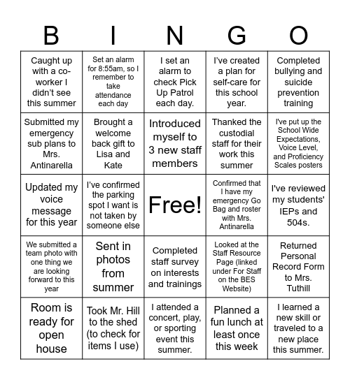 BES Back to School Bingo Card