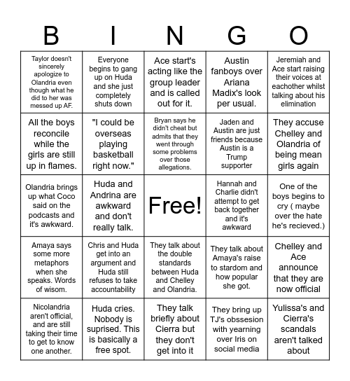 Love Island Season 7 Reunion Bingo Card