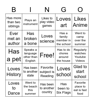 First Day of School Bingo Card