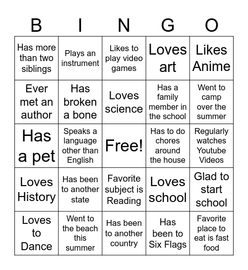 First Day of School Bingo Card