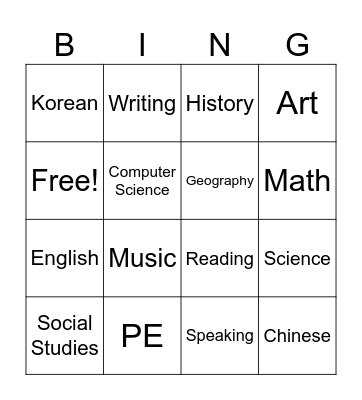 School Subjects Bingo Card