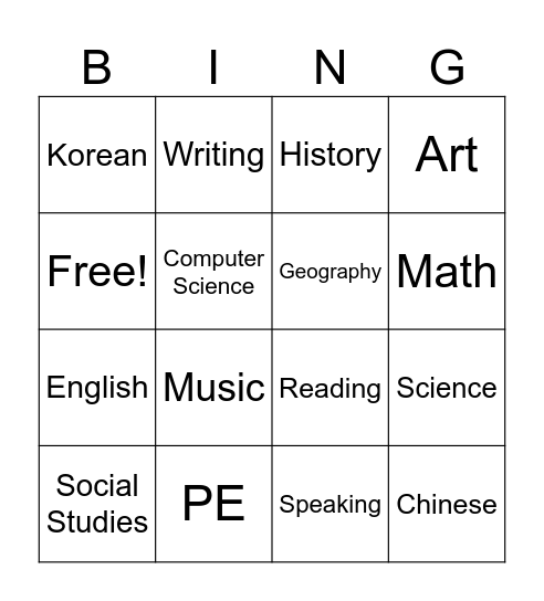School Subjects Bingo Card