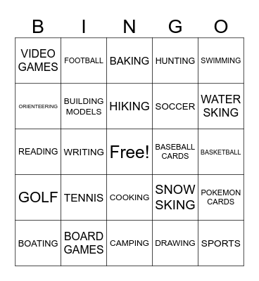 hobbies Bingo Card