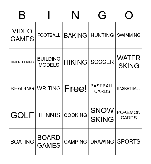 hobbies Bingo Card