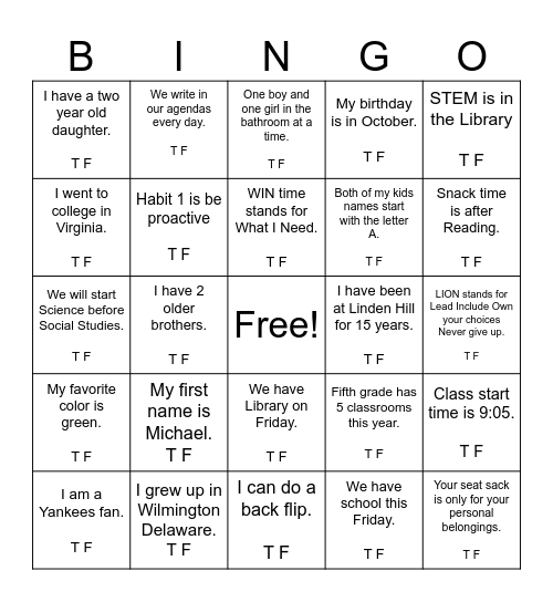 True or False Bingo Card