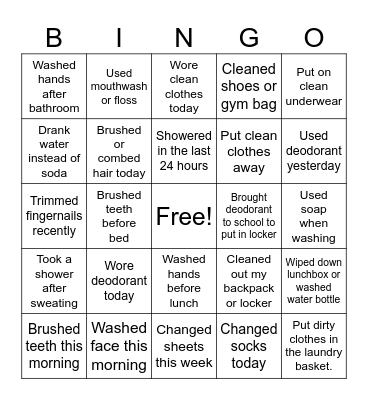 Hygiene Bingo Card