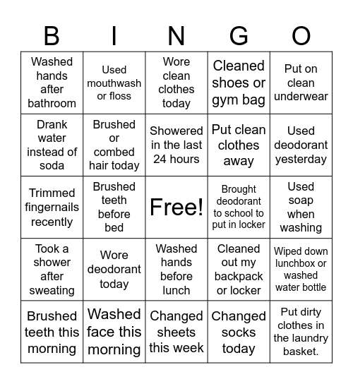 Hygiene Bingo Card