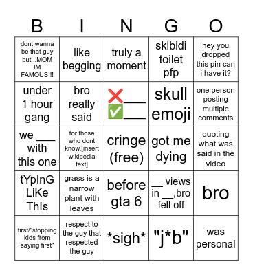 youtube shorts comment bingo Card
