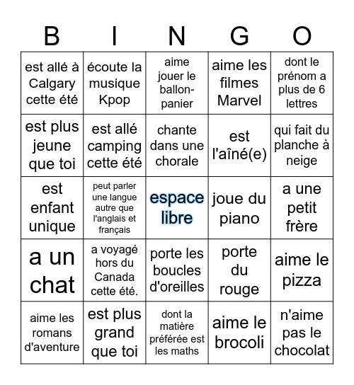 Trouve Quelqu'un Qui... Bingo Card