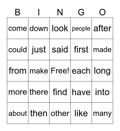 100 Words Bingo Card