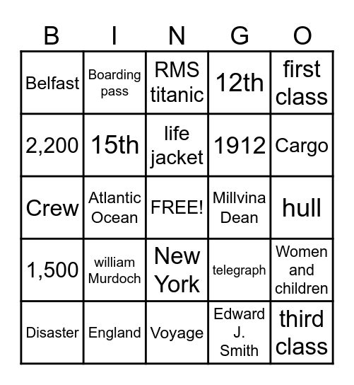 Titanic Bingo Card