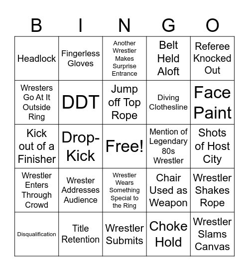 Wrestling Bingo Card