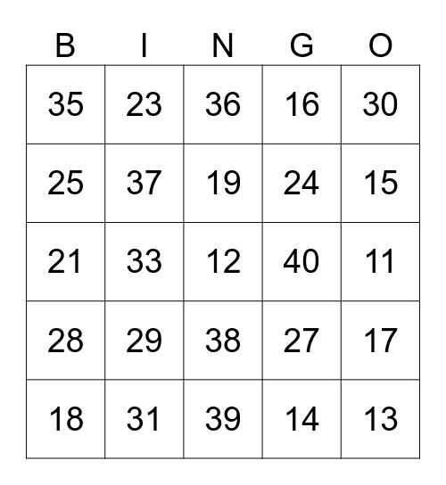 Numbers to 11-40 Bingo Card