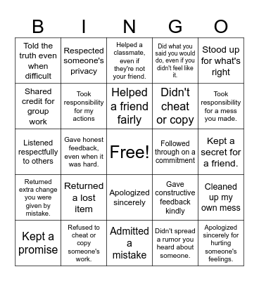 Integrity Bingo Card