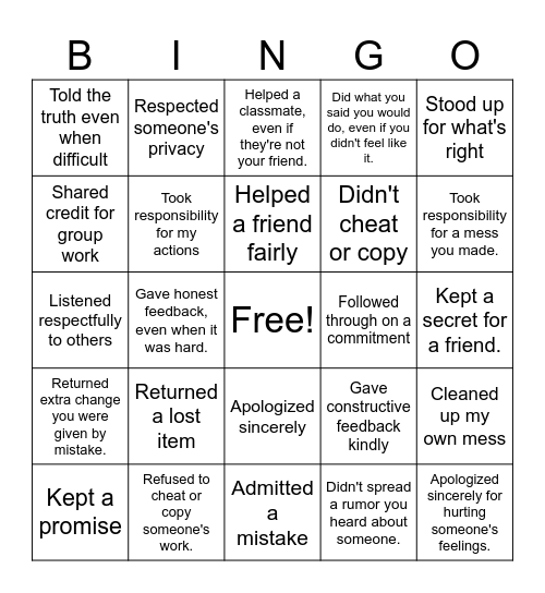 Integrity Bingo Card
