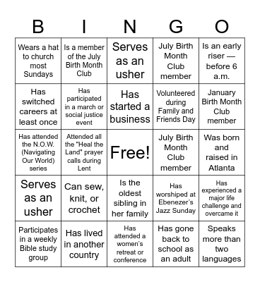 Sisterhood Bingo Card