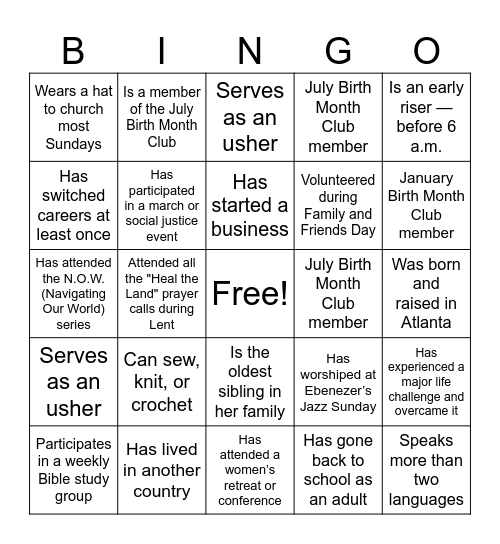 Sisterhood Bingo Card