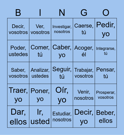 Presente del indicativo - Verbos regulares e irregulares Bingo Card