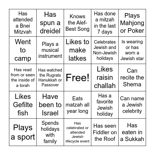 SHALOM EVERYONE Bingo Card