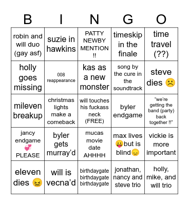stranger things 5 bingo Card