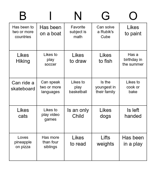 All About Me Bingo Card