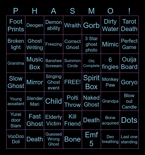 Phasmophobia Bingo Card