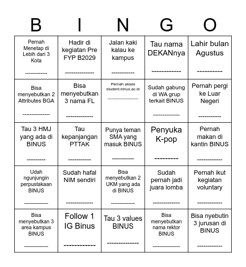 Student Life Bingo Card