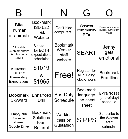 Welcome Back Bingo Card