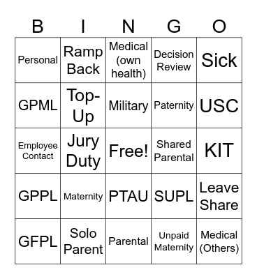 Leave Of Absence Bingo Card