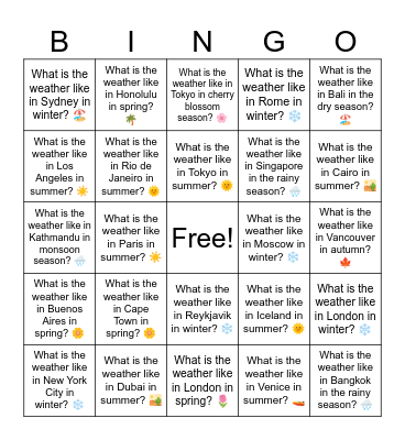 B17 L14 What is the weather like in Seoul in spring? 🌸 Bingo Card
