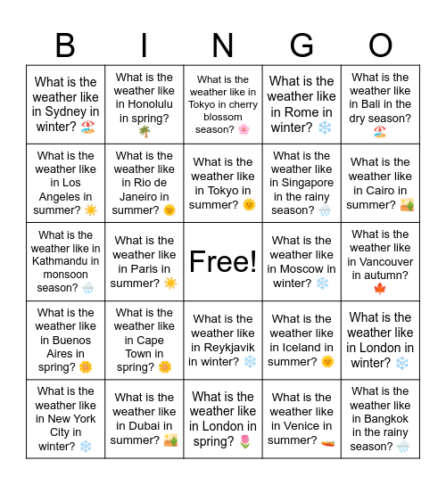 B17 L14 What is the weather like in Seoul in spring? 🌸 Bingo Card