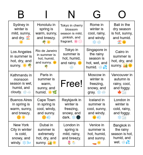 B17 L14 Seoul in spring is mild, sunny, and breezy. 🌸☀️ Bingo Card