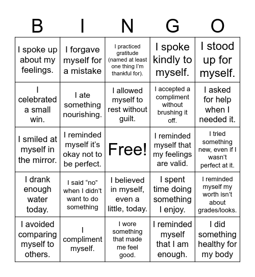 Love Myself! Bingo Card