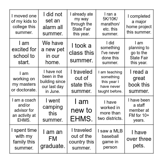 Staff Back to School Scavenger Hunt Bingo Card