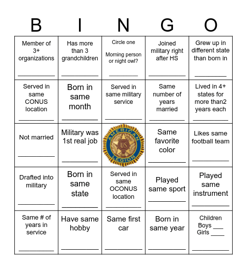 Know Your Post 149 Legionnaire Bingo Card