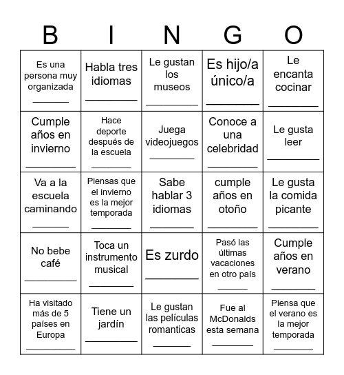 BINGO para conocerse Bingo Card