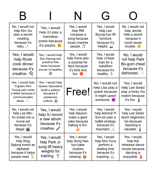 B17 L18 Yes, I would help Lee Sedol teach beginners Go because teaching is valuable. ♟️ Bingo Card