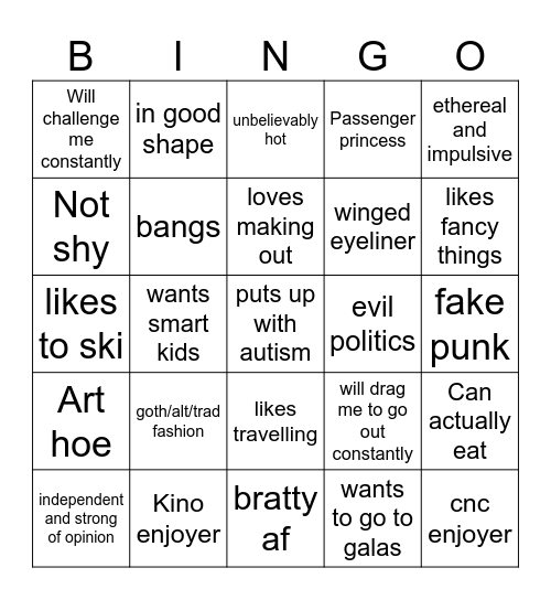 Zane’s type Bingo Card