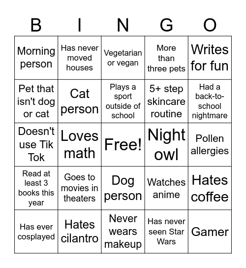 Getting to know you! Bingo Card