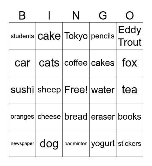 Countable & Uncountable Nouns Bingo Card