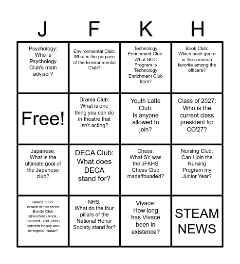 Club Fair Bingo Card