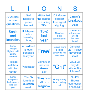 Lions Bingo Card