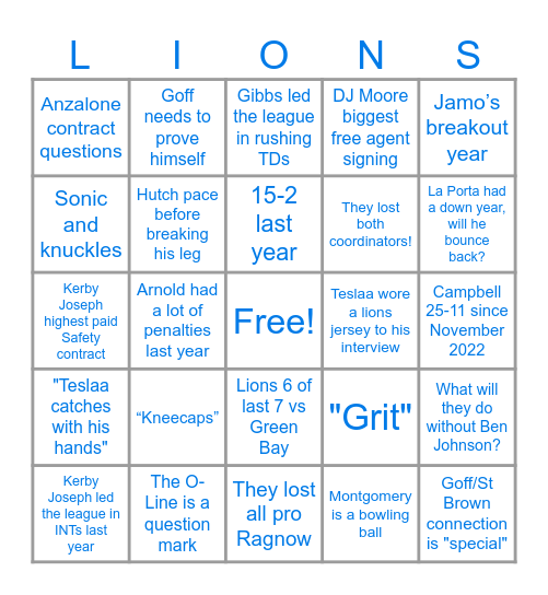 Lions Bingo Card