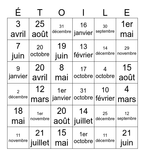 Les Dates Bingo Card