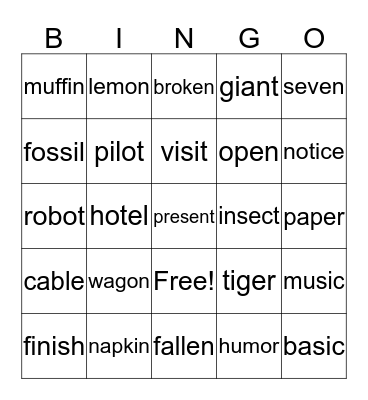 Open and Closed Syllables Bingo Card