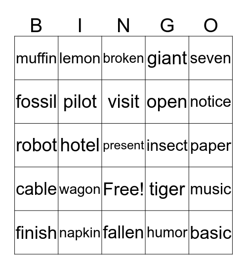 Open and Closed Syllables Bingo Card