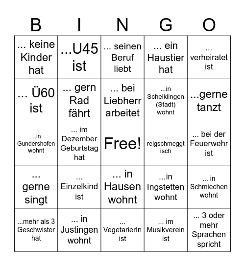 Finde jemanden der/die... Bingo Card
