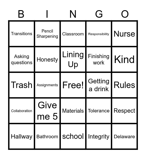 Classroom Procedures Bingo Card